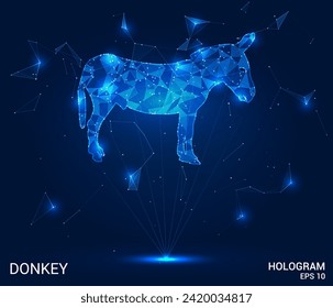 Das Hologramm ist ein Esel. Ein Esel aus Polygonen, Dreiecken von Punkten und Linien. Der Esel ist eine Low-Polygonal-Struktur. Technologiekonzept, Vektor.
