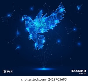 The hologram is a dove. A dove made of polygons, triangles of dots and lines. Pigeon is a low-poly compound structure. Technology concept vector.