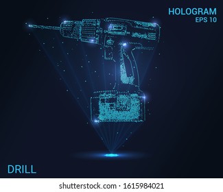 Hologram drill. A holographic projection of the drill. Flickering energy flux of particles. Scientific design construction tools.