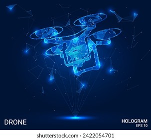 A hologram drone. A quadcopter made of polygons, triangles of points and lines. The drone has a low polygonal connection structure. Technology concept vector.