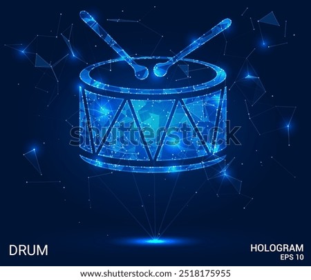 The hologram is a drum. A drum of polygons, triangles of dots and lines. The drum is a low-poly compound structure. Technology concept vector.