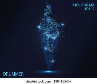 Hologram drummer. Holographic projection drummer of the school band. Flickering energy flux of particles. Scientific design drummer