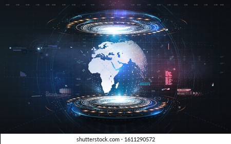 Hologram earth for concept design. Blue futuristic background with planet Earth.  Abstract tech design background. Virtual graphic.Abstract modern background. Science/technology background. HUD/UI/GUI