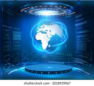 Hologram earth for concept design. Blue futuristic background with planet Earth. Abstract tech design background. Virtual graphic. Abstract modern background. Science, technology background. HUD, GUI