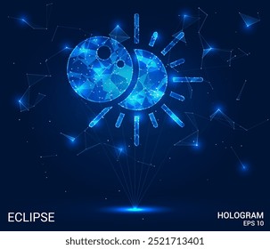 Eclipse holográfico. Eclipse feito de polígonos, triângulos, pontos e linhas. Estrutura de conexões de eclipse de baixa polarização. Vetor de conceito de tecnologia.