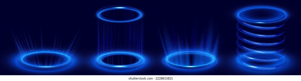 Hologram effect of circle digital portals with blue neon light. Futuristic podiums, teleport platforms with glow and sparkles isolated on black background, vector realistic set