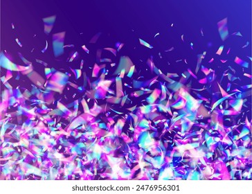 Hologram Effect. Falling Banner. Art Christmas Illustration. Purple Happy Ribbon. Glare Texture. Festive Background. Isolated Tinsel. Birthday Confetti. Blue Hologram Effect