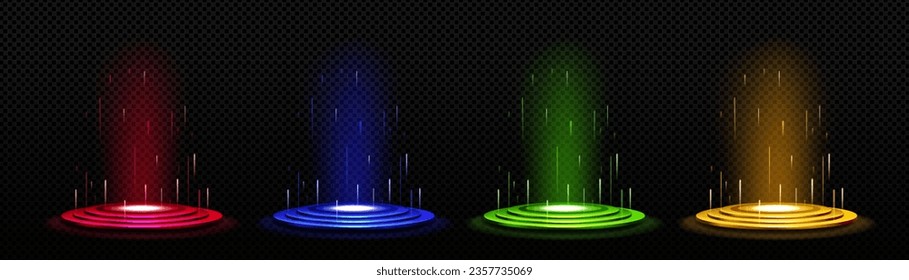 Hologram effect light portal digital podium game. 3d blue magic glow teleport platform with ring and hud beam. Fantasy vr ski fi stage interface design. Cyber level base element with neon laser