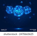 Hologram emoticons. A smiley face made of polygons, triangles of dots and lines. Smile is a low-poly compound structure. Technology concept vector.