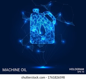 Aceite del motor del holograma. Una lata de aceite de polígonos, triángulos de puntos y líneas. El aceite del motor es una estructura compuesta de bajo contenido de pólvora. El concepto tecnológico