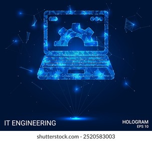 Holograma de engenharia de TI. Engenharia de TI feita de polígonos, triângulos, pontos e linhas. Estrutura de conexões de engenharia de TI de baixo custo. Vetor de conceito de tecnologia.