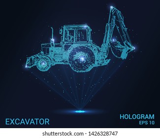 Hologram excavator. A holographic projection of the tractor. Flickering energy flux of particles. The scientific design of construction equipment.