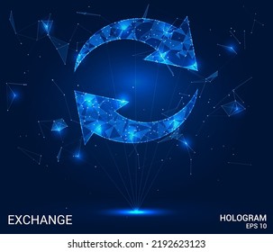 Hologram exchange. An exchange of polygons, triangles of points and lines. The exchange icon is a low-poly compound structure. Technology concept vector.
