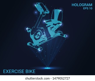 A hologram is an exercise bike. Holographic projection exercise bike. Flickering energy flux of particles. Scientific sports design.