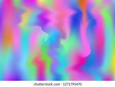 Hologram Fairy Tale Dreamy Vector Background. Gradient Design, Holographic Rainbow Girlie Iridescent Waves Wallpaper. Fairy Tale, Unicorn, Magic Neon Pearlescent Teal. Modern Glitch Music Design