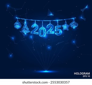 Hologramm-Fest. Festoon aus Polygonen, Dreiecken, Punkten und Linien. Low-Poly-Festonstruktur von Verbindungen. Technologiekonzept, Vektor.