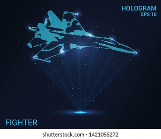 Hologram fighter. Holographic projection of the fighter. Flickering energy flux of particles. The scientific design of air aviation.