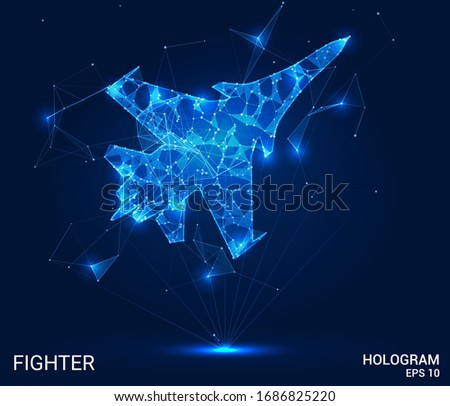 Hologram fighter. A fighter made of polygons, triangles of points and lines. Plane is a low-poly compound structure. The technology concept.