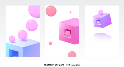 Hologram Figure Plastic Vector Set White Background. Aesthetic Box Template. Pink and Blue Shape Cover. Bright Polygon Illustration.