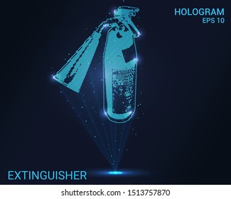 Hologram fire extinguisher. Holographic projection fire extinguisher. Flickering energy flux of particles. Scientific design fire protection.