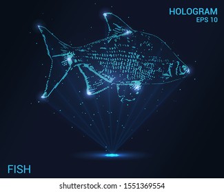 Hologram fish. A holographic projection of the fish. Flickering energy flux of particles. Scientific design animals.