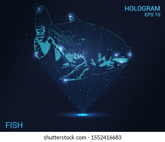 Hologram fish. A holographic projection of the fish. Flickering energy flux of particles. Scientific design animals.