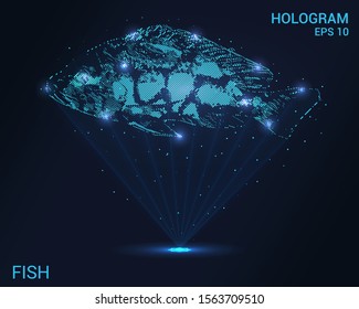 Hologram fish. Holographic projection fish. Flickering energy flux of particles. Scientific design water world.
