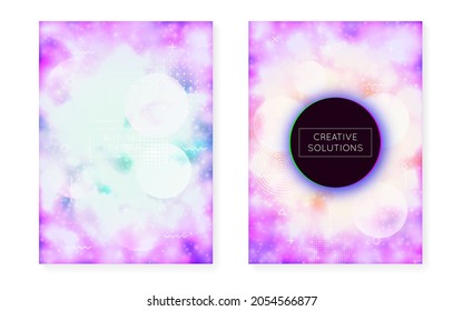 Holograma fluido. Forma de tecnología azul. Puntos de moda. Textura abstracta. Vibrante Volante. Diseño arcoiris. Plantilla Futurista brillante. Concepto Mágico. Fluido Purple Holograma