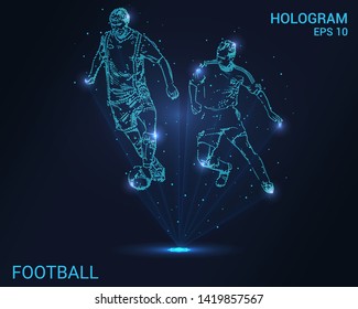 Fútbol holograma. Una proyección holográfica de un futbolista. Flujo de energía parpadeante de partículas. El diseño científico del deporte.