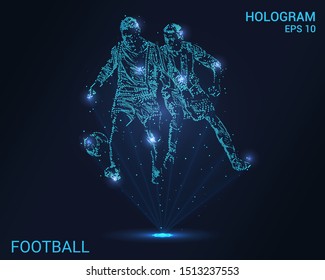Hologram football. Holographic projection of soccer. Flickering energy flux of particles. Scientific registration of sports.