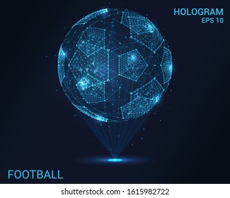 Hologram football. Holographic projection of a soccer ball. Flickering energy flux of particles. The scientific design of the sport.