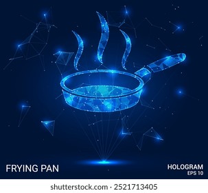 Sartén de holograma. Sartén hecha de polígonos, triángulos, puntos y líneas. Estructura de conexiones de sartén de bajo contenido de polietileno. Vector de concepto de Tecnología.