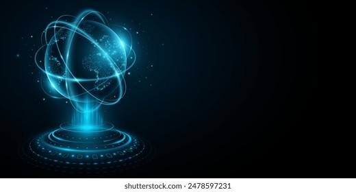 Hologram of futuristic planet Earth with digital glowing map of dots. Hi-tech HUD circles. Abstract rings in the orbit with stars on dark background. Global communication system. Vector. EPS 10