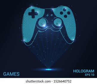 Hologram game. Holographic projection gamepad. Flickering energy flux of particles. The scientific design of eSports.