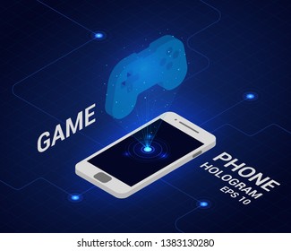 Hologram game joystick. Phone in isometric view. Banner mobile games, technology of the future