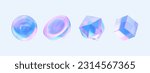 Hologram Geometric Shapes set. Cube, circle, crystal. Modern 3d Holography blue glass  object, futuristic blue  gradient shapes. 3d vector illustration isolated in blue background