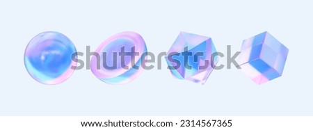 Hologram Geometric Shapes set. Cube, circle, crystal. Modern 3d Holography blue glass  object, futuristic blue  gradient shapes. 3d vector illustration isolated in blue background