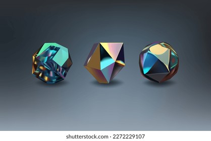 Hologram geometric shapes set. Iridescent modern 3d multicolor object.Futuristic neon gradient figures can be used for a variety of purposes,entertainment, education, and scientific visualization.
