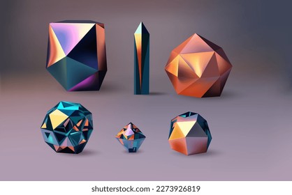 Hologram geometric shapes set. Iridescent modern 3d multicolor object.Futuristic neon gradient figures can be used for a variety of purposes,entertainment, education, and scientific visualization.