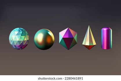 Hologram geometric shapes set. Iridescent modern 3d multicolor object.Futuristic neon gradient figures can be used for a variety of purposes,entertainment, education, and scientific visualization.