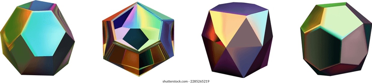 Hologram geometric shapes set. Iridescent modern 3d multicolor object.Futuristic neon gradient figures can be used for a variety of purposes,entertainment, education, and scientific visualization.