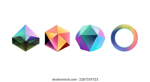 Hologram geometric shapes set. Iridescent modern 3d multicolor object.Futuristic neon gradient figures can be used for a variety of purposes,entertainment, education, and scientific visualization.