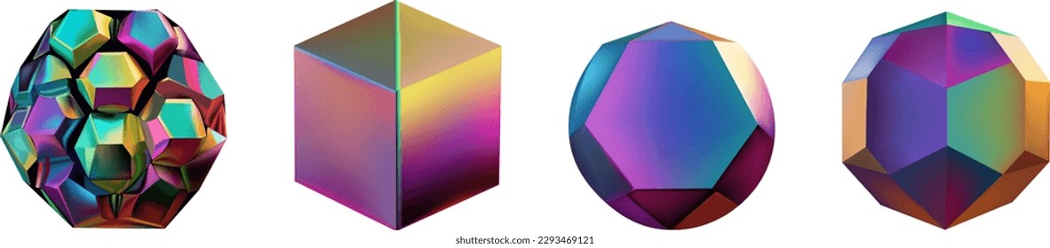 Hologram geometric shapes set. Iridescent modern 3d multicolor object.Futuristic neon gradient figures can be used for a variety of purposes,entertainment, education, and scientific visualization.