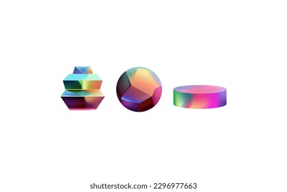 Hologram geometric shapes set. Iridescent modern 3d multicolor object.Futuristic neon gradient figures can be used for a variety of purposes,entertainment, education, and scientific visualization.