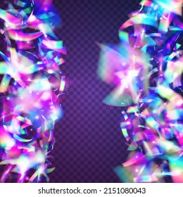 Hologram Glare. Laser Flyer. Falling Glitter. Holiday Art. Retro Festival Backdrop. Pink Blur Background. Digital Foil. Cristal Tinsel. Purple Hologram Glare