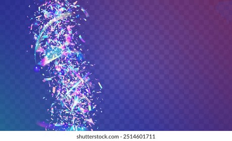 Holograma Glitter. Confete 3D. Pôster abstrato. Banner Arco-íris. Fita de Néon. Ruptura de folha roxa. Ilustração de Natal leve. Brilho Brilhante. Holograma Azul Brilhante