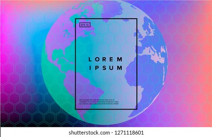 Hologram of Globe in neon vivid colors with hexagon pattern. Concept of Global infrastructure of secutity, Futuristic hight-tech world, Cyberpunk Swarm intelligence.