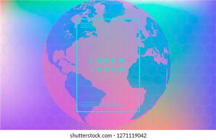 Hologram of Globe in neon vivid colors with hexagon pattern. Concept of Global infrastructure of secutity, Futuristic hight-tech world, Cyberpunk Swarm intelligence.