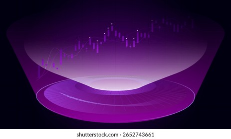 Holograma gráfico brilhante com castiçais financeiros roxos. Conceito de análise, painéis de negociação, previsão de mercado virtual, rastreamento de investimentos, crescimento econômico.