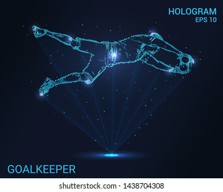 Hologram goalkeeper. Football goalkeeper catches the ball. Flickering energy flux of particles. Scientific sports design.